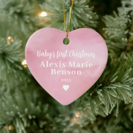 Baby's First Christmas Watercolor Pink Full Foto Keramik Ornament