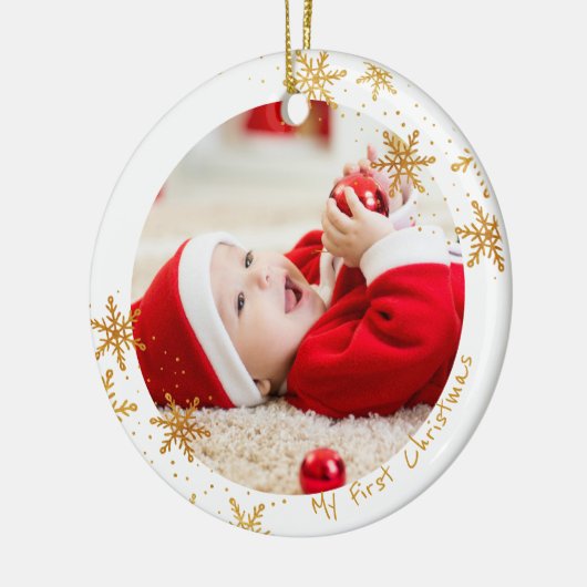 Babys First Christmas White Gold Snowflakes Foto Keramik Ornament (Links)
