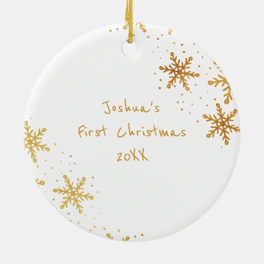 Babys First Christmas White Gold Snowflakes Foto Keramik Ornament (Hinten)