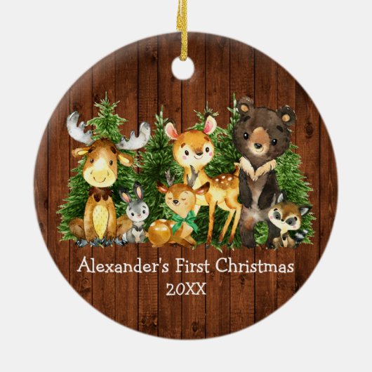 Baby's First Christmas Wood Animals Deer Green Bow Keramik Ornament (Hinten)