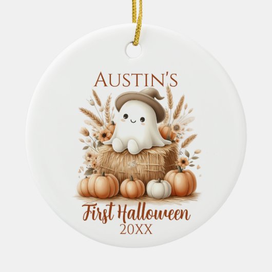 Baby's First Halloween Ghost mit Pumpkins Keramik Ornament (Vorne)