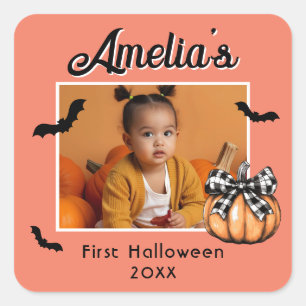 Baby's First Halloween Pumpkin Bats Foto Quadratischer Aufkleber