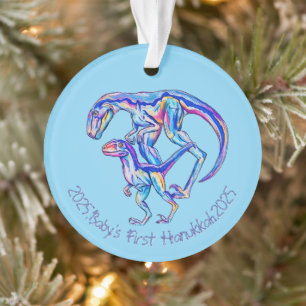 Baby's First Hanukkah 2025 Boy Dino Velociraptor Ornament
