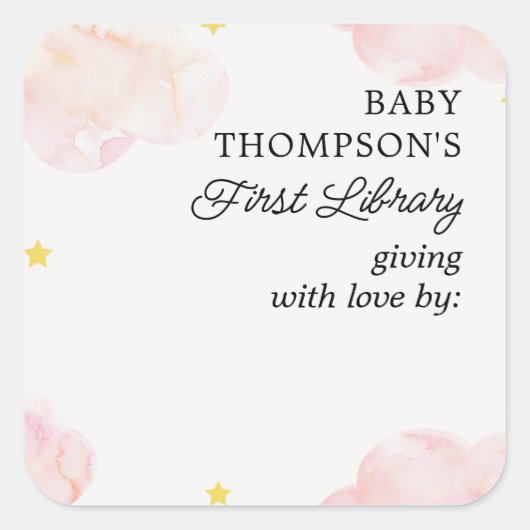 Baby's First Library Buchzeichen Rosa Wolken Quadratischer Aufkleber (Vorderseite)