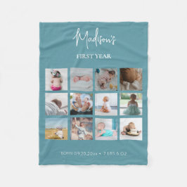 Baby's First Year Foto Collage Birth Stats Blue Fleecedecke