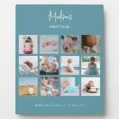 Baby's First Year Foto Collage Birth Stats Blue Fotoplatte (Vorderseite)