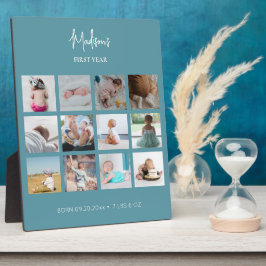 Baby's First Year Foto Collage Birth Stats Blue Fotoplatte