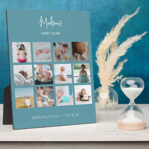 Baby's First Year Foto Collage Birth Stats Blue Fotoplatte