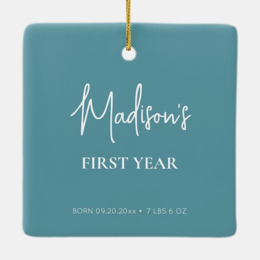 Baby's First Year Foto Collage Birth Stats Blue Keramikornament (Rückseite)