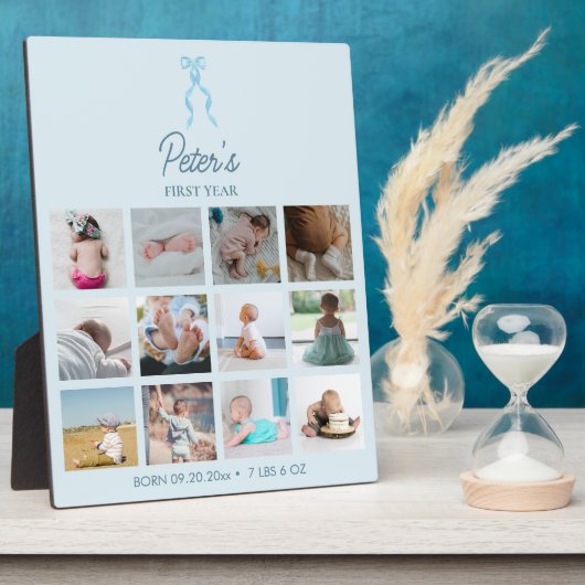 Baby's First Year Fotos Birth Stats Blue Bow Fotoplatte (Seite)