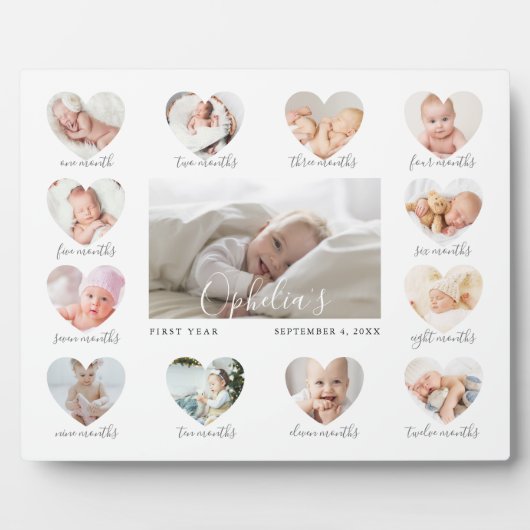 Baby's First Year Heart Foto Keepake Collage Fotoplatte (Vorderseite)