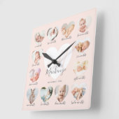 Baby's First Year Heart Foto Keepake Collage Quadratische Wanduhr (Winkel)
