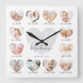 Baby's First Year Heart Foto Keepake Collage Quadratische Wanduhr (Vorderseite)