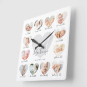 Baby's First Year Heart Foto Keepake Collage Quadratische Wanduhr (Winkel)