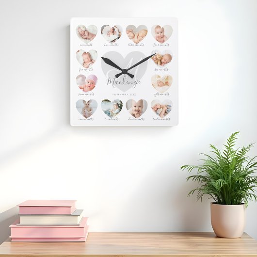 Baby's First Year Heart Foto Keepake Collage Quadratische Wanduhr