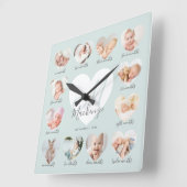 Baby's First Year Heart Foto Keepake Collage Quadratische Wanduhr (Winkel)