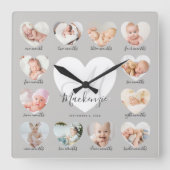 Baby's First Year Heart Foto Keepake Collage Quadratische Wanduhr (Vorderseite)