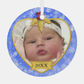 Baby's Foto Keepake Gold Blue Snowy Christmas" Ornament Aus Glas (Vorderseite)