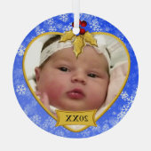 Baby's Foto Keepake Gold Blue Snowy Christmas" Ornament Aus Glas (Rückseite)