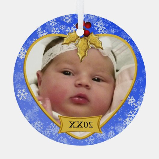 Baby's Foto Keepake Gold Blue Snowy Christmas" Ornament Aus Glas (Rückseite)