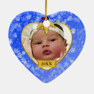 Baby's Foto Keepake Gold Blue Snowy Weihnachten Keramik Ornament