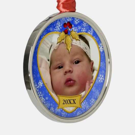 Baby's Foto Keepake Gold Blue Snowy Weihnachten Ornament Aus Metall (Rechts)
