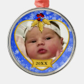 Baby's Foto Keepake Gold Blue Snowy Weihnachten Ornament Aus Metall (Vorne)