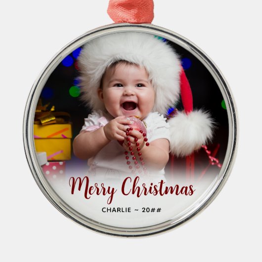 Baby's Foto und Text Christmas Keepake Ornament Aus Metall (Vorne)