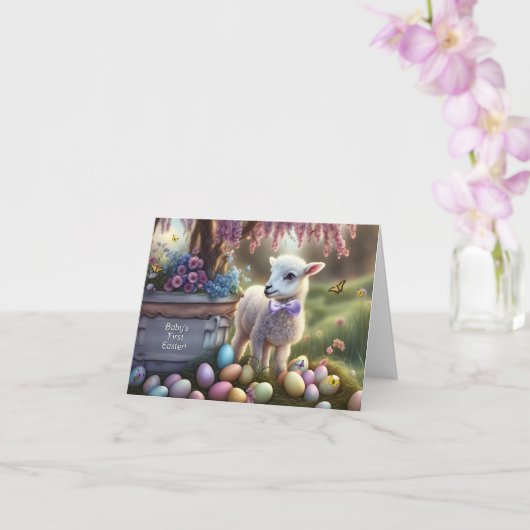 Babys Frist Easter with Cute Lamb Eggs Karte (Orchidee)