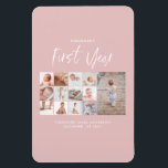 Babys im ersten Jahr Foto Collage Skript rosa Magnet<br><div class="desc">Babys im ersten Jahr Foto Collage Drehbuch rosa modernen zeitgenössischen ersten Geburtstag oder Weihnachten Wohngestaltung Geschenk.</div>