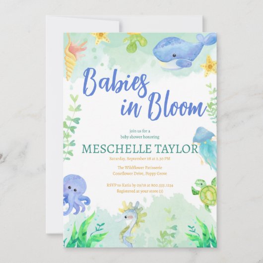 Babys in Bloom unter der Blue-Baby-Dusche des Meer Einladung (Vorderseite)