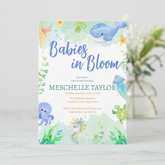 Babys in Bloom unter der Blue-Baby-Dusche des Meer Einladung (Stehend Vorderseite)