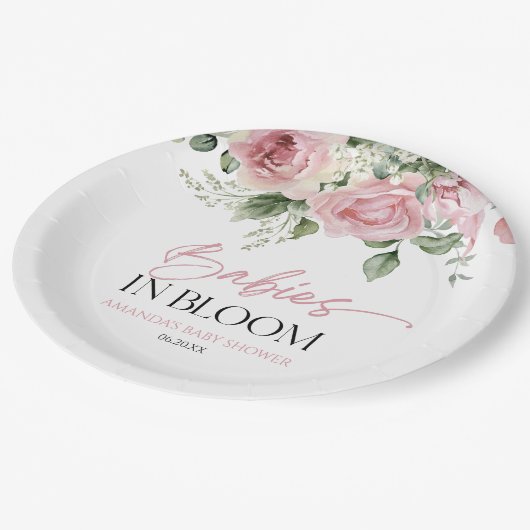 Babys in blutrosa Rose Blumenzwiebeln Kinderdusche Pappteller (Schrägansicht)