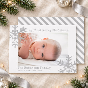 Baby's mein erstes Weihnachtsfoto weiß grau Schnee Feiertagskarte