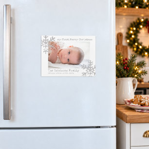 Baby's mein erstes Weihnachtsfoto weiß grau Schnee Magnetkarte