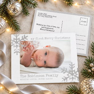 Baby's mein erstes Weihnachtsfoto weiße Schneefloc Feiertagspostkarte
