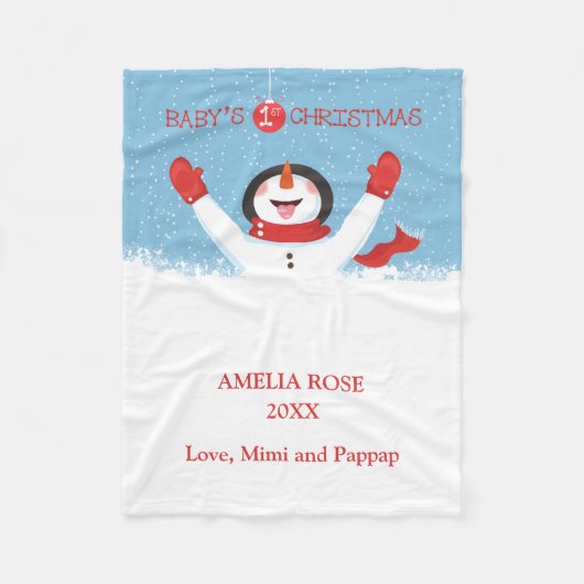 Babys Name First Christmas Snowman Fleecedecke (Vorderseite)