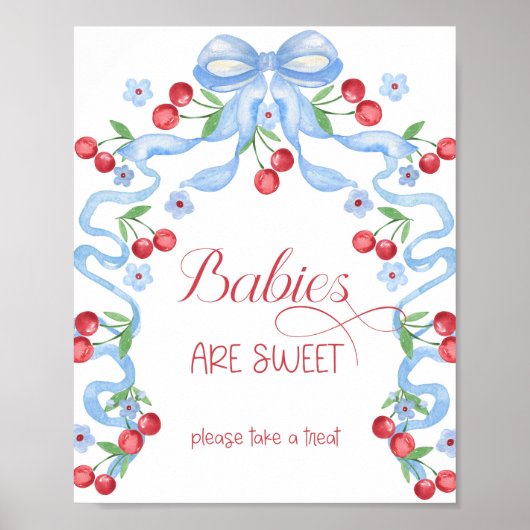 Babys sind süße Cherry Blue Bow Baby Dusche Poster (Vorne)
