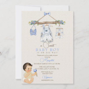 Babysachen Jungen Baby Shower Elfenbein Blau Einladung