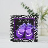 Babyschuhe Lila Zebra Baby Girl Dusche Einladung (Stehend Vorderseite)