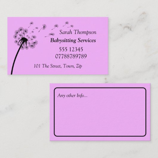 Babysitter Contact Business Card Visitenkarte (Vorne/Hinten)