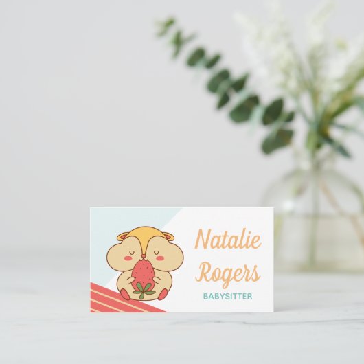 Babysitter Nanny Niedlich Kawaii Hamster & Strawbe Visitenkarte (Stehend Vorderseite)