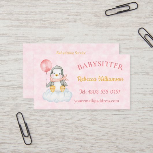 Babysitter QR-Code Niedlich Pinguin Pink Visitenkarte (Vorderseite/Rückseite Beispiel)