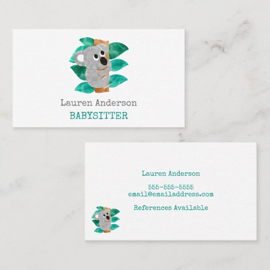 Babysitter Watercolor Koala Childcare Provider Visitenkarte (Vorne/Hinten)