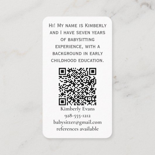 Babysitting Services am QR-Code der Jersey Shore Visitenkarte (Rückseite)