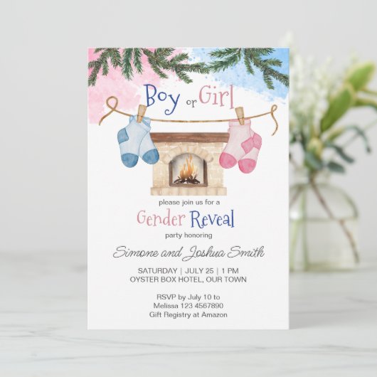 Babysocken Winterweihnachtsgeschlecht offenbart Einladung (Stehend Vorderseite)