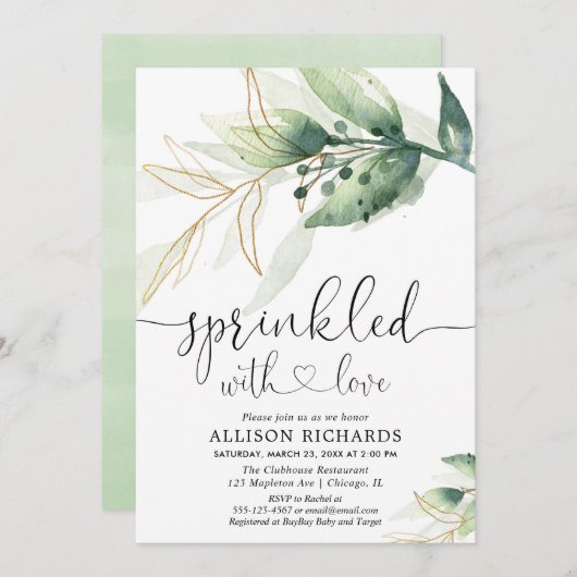 Babysprinkle geschlechtsneutrales Grün Gold Einladung (Vorne/Hinten)