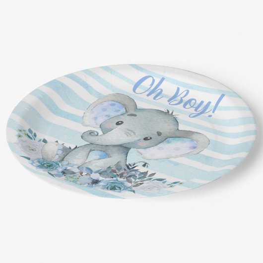 Babywindeln mit Elephant Watercolor Babydusche Pappteller (Schrägansicht)