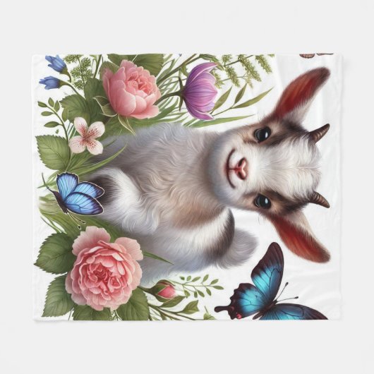 Babyziege mit bunten Schmetterlingen und Blume Fleecedecke (Vorderseite (Horizontal))