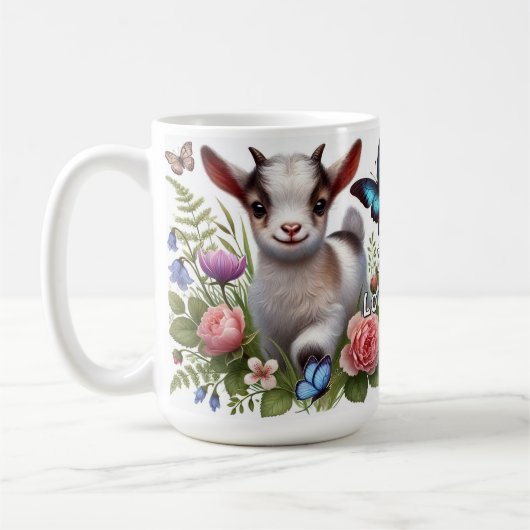 Babyziege mit bunten Schmetterlingen und Blume Kaffeetasse (Links)